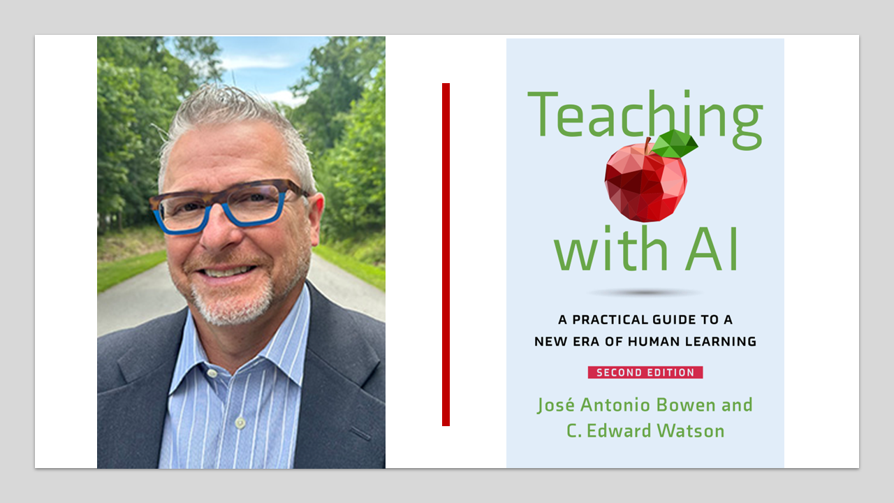Edward Watson headshot next to his co-authored book Teaching with AI