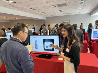 Undergrad biomedical engineering and applied mathematics student Jeena Kataria ’23 presents her research on a novel device, called the PoreMaster, to aid in tissue regeneration for treatment of diseases.