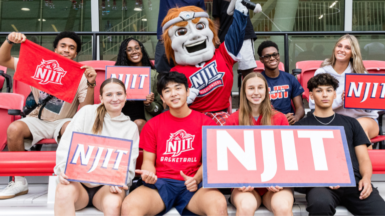 A group of NJIT students showing school spirit on the bleachers