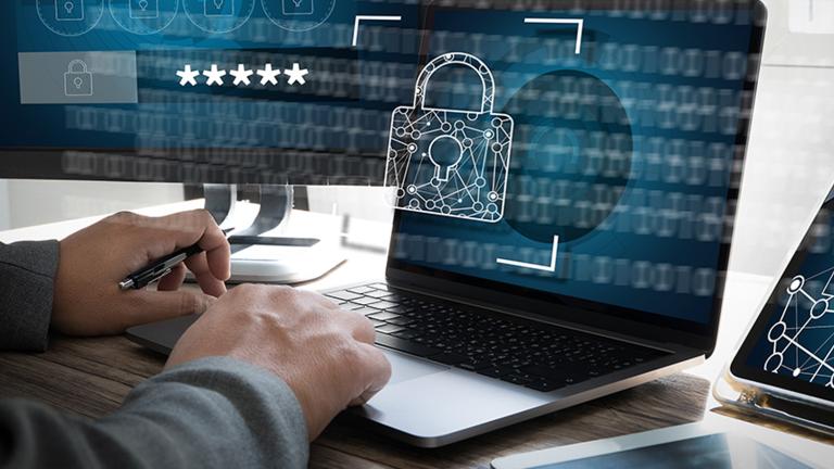 cybersecurity and privacy professional on computer.